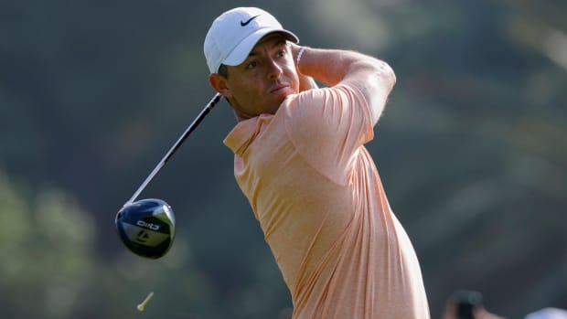 Golfer Rory McIlroy looks on after a tee shot at the Genesis Invitational.
